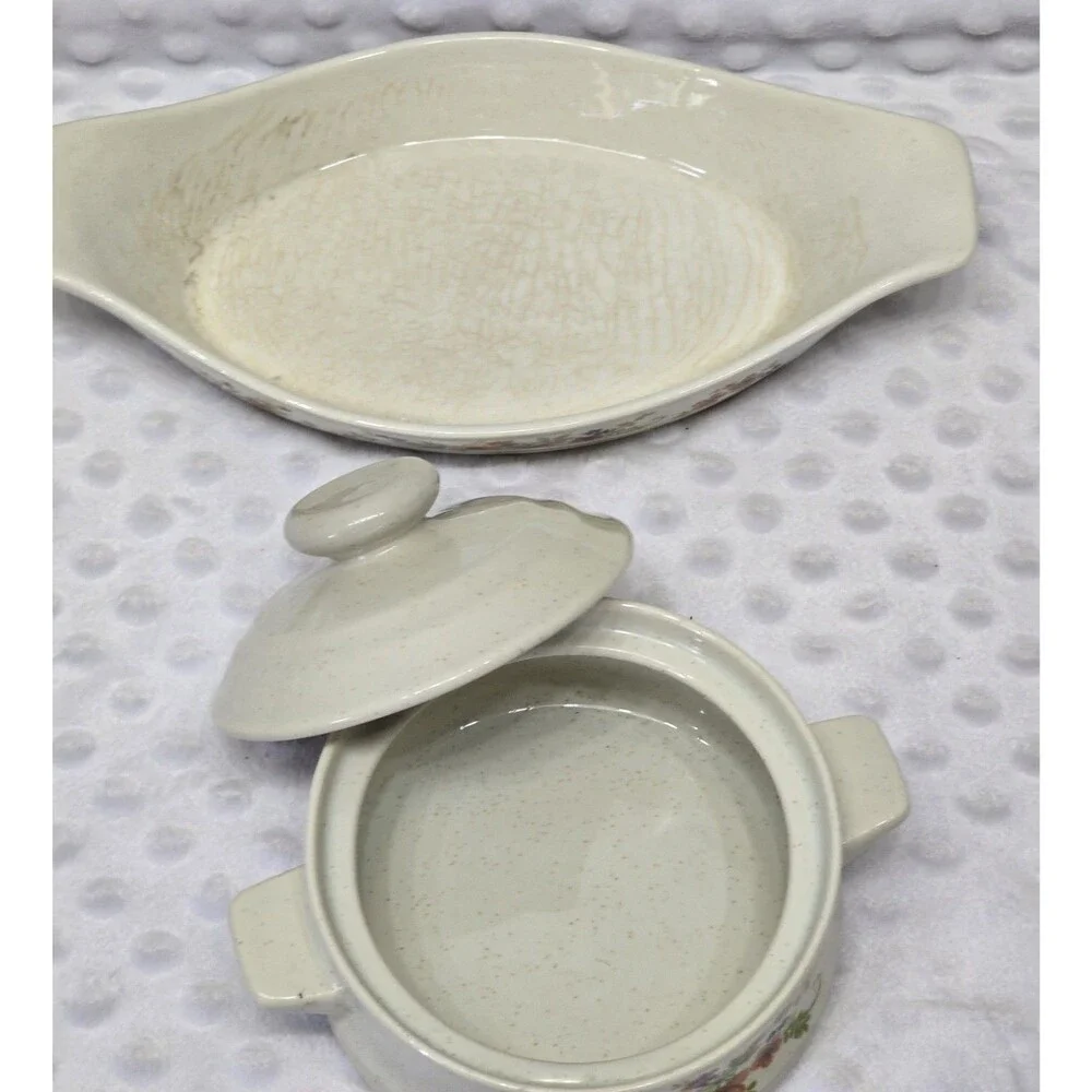 Vintage Floral Personal Cassarole Oven Proof Baking Dishes Made Japan Stoneware